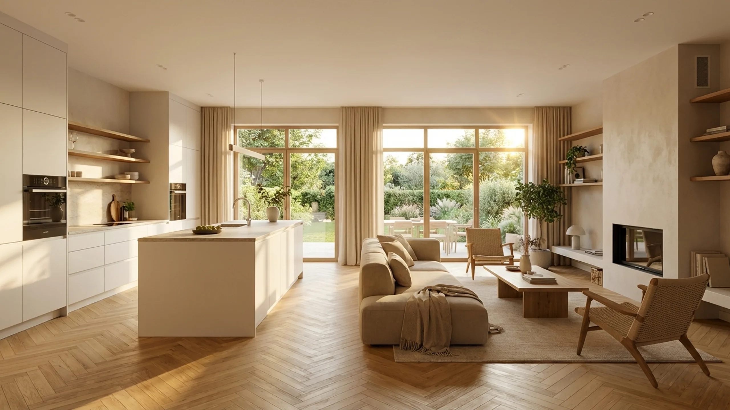 Modernes Wohnzimmer mit Fischgrät-Parkett – LanciuBau Königsbrunn